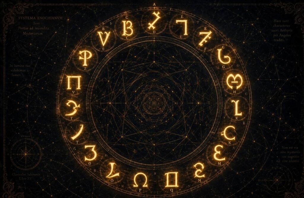 The 21 Enochian letters arranged in a glowing mystical circle on dark parchment with geometric patterns.