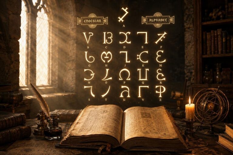 Glowing Enochian angelic script floating above an ancient open manuscript with celestial light beams.