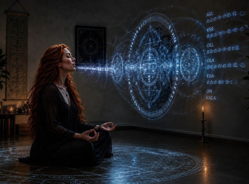 Modern practitioner chanting Enochian calls with visible sound waves forming sacred geometry.