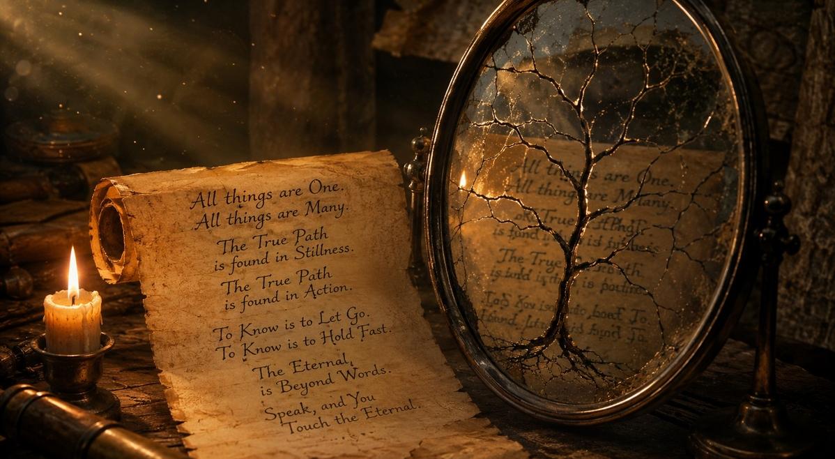 Ancient scroll with contradictory statements reflected in a cracked mirror