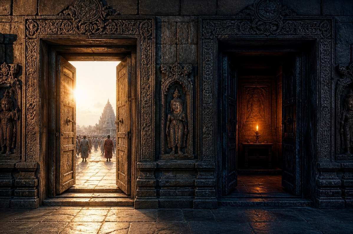 Two ancient doors side by side--one open to public light, one leading to inner darkness with a single candle, representing the esoteric and exoteric paths