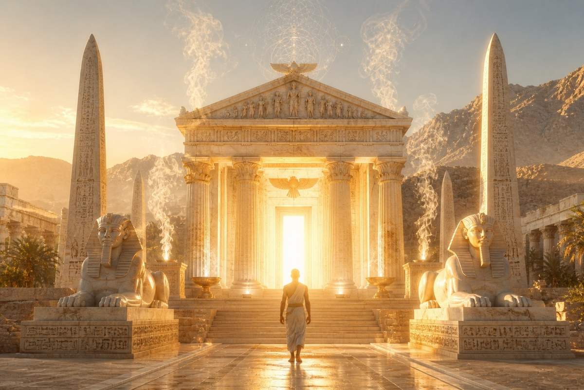 Ancient temple with pure light emanating from within representing ethical clarity