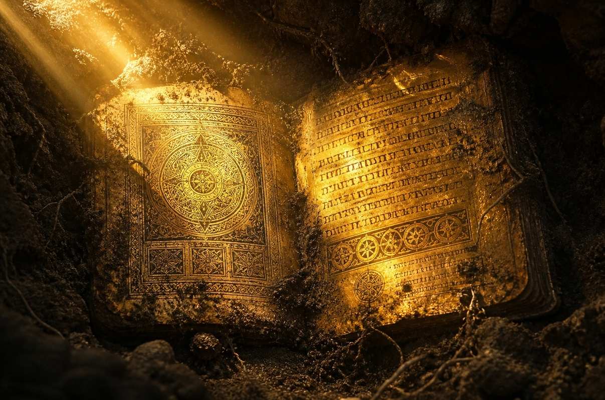 Golden light breaking through dark soil revealing ancient illuminated manuscript
