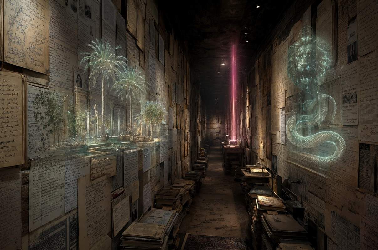 A vast corridor of handwritten journal pages stretching into perspective