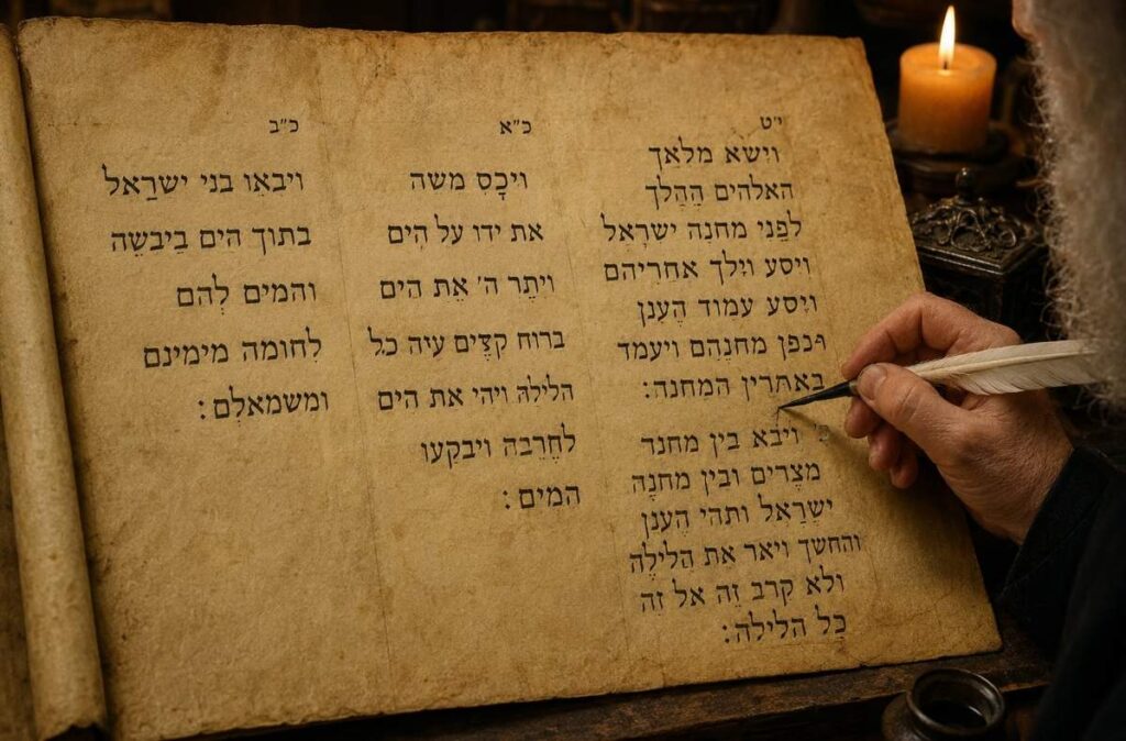 Ancient Hebrew manuscript showing Exodus 14:19-21 in three vertical columns with Kabbalist's quill