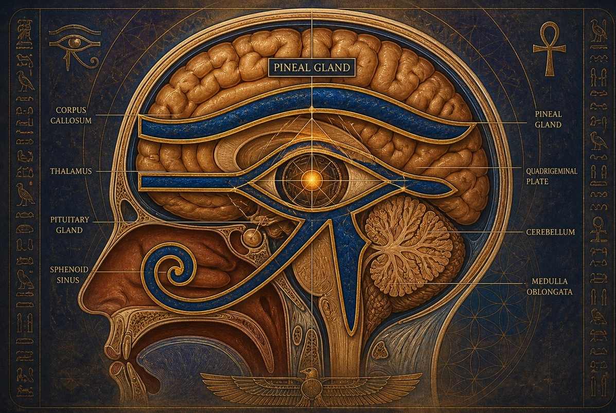 The Eye of Horus symbol superimposed over a cross-sectional brain diagram showing the pineal gland at the centre