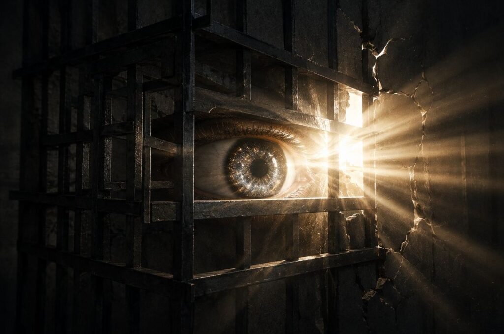 A human eye opening within a geometric prison with light breaking through the bars, representing gnosis as the recognition that liberates the soul.