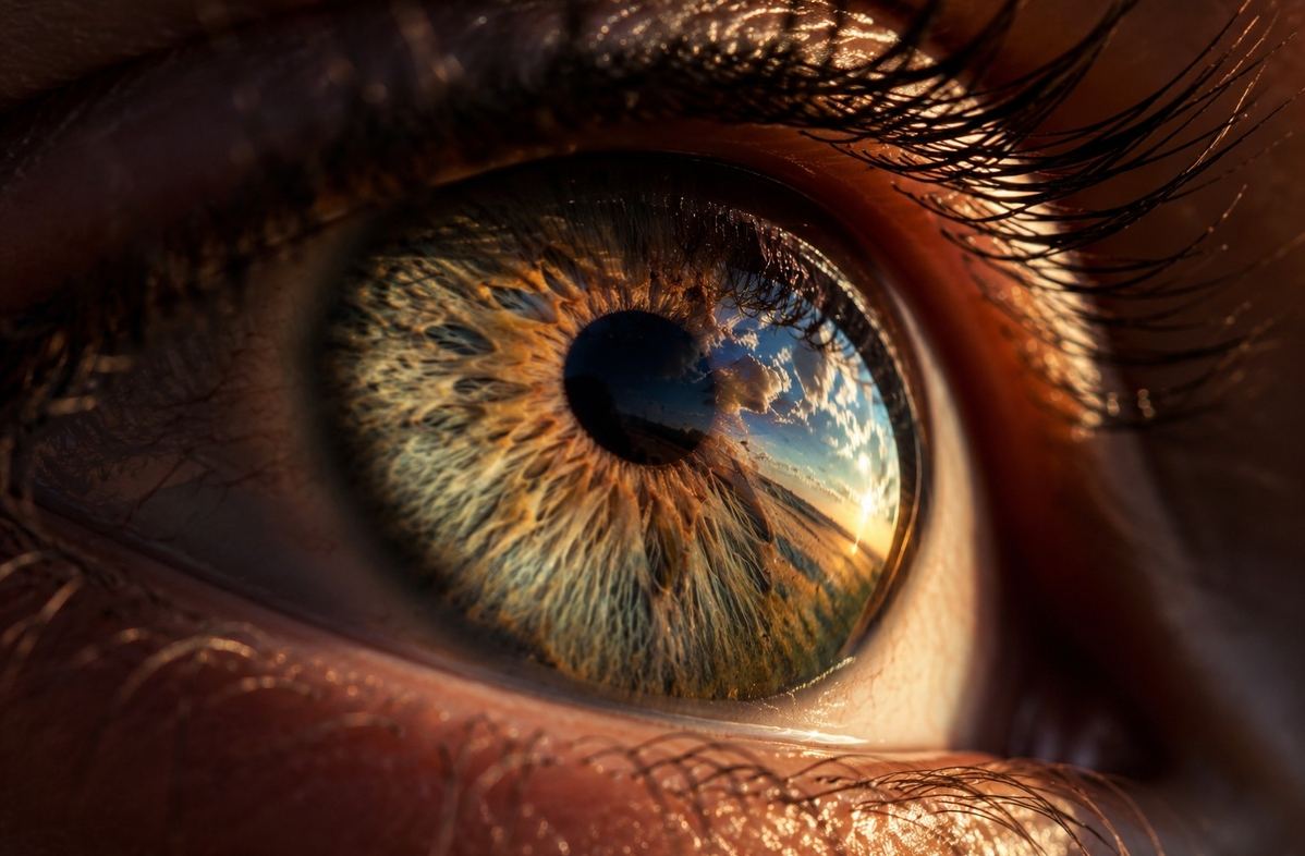 human eye in extreme close-up with sky reflected in iris To see is to co-create the phenomenon with the light: the eye touches the object at a distance, and the object touches back.