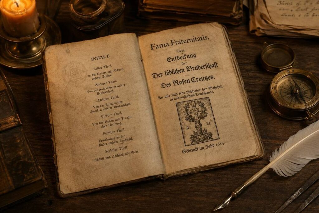 Seventeenth-century printed pamphlet of the Fama Fraternitatis on aged paper