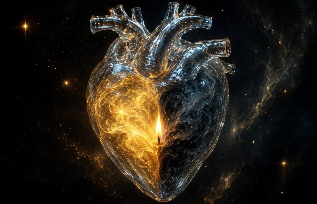 Luminous crystal heart split between golden love light and shadowy fear smoke
