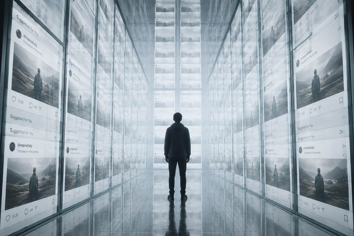 Abstract digital chamber walls closing in around a solitary human figure surrounded by identical content screens