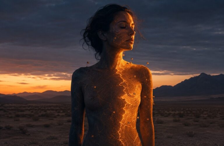 Solitary figure in desert with body as sovereign territory