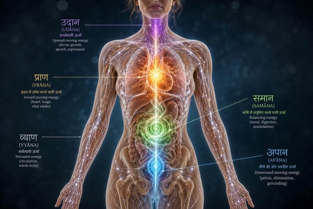 Anatomical torso showing five pranas as coloured light streams