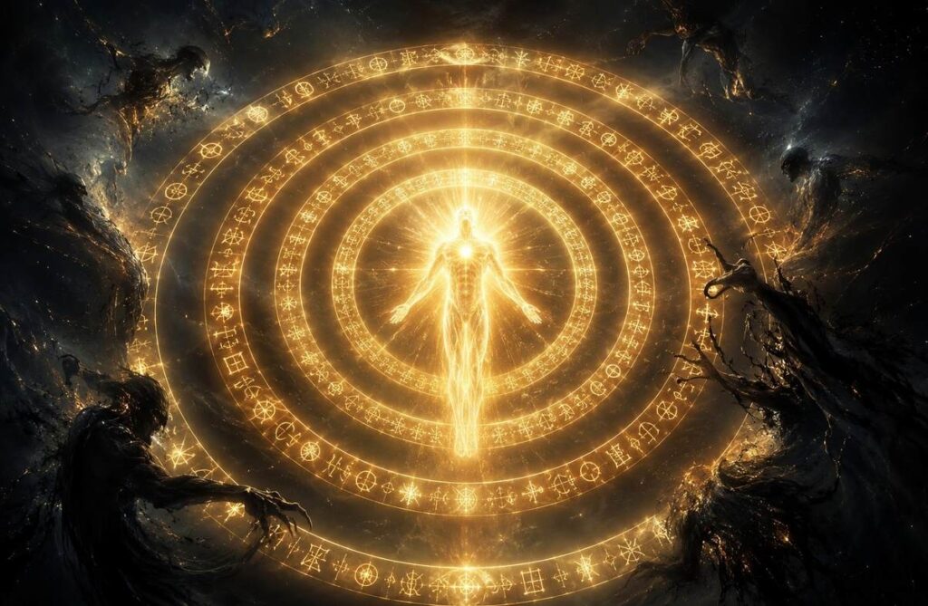 Five concentric golden rings of light surrounding luminous human figure with sacred symbols
