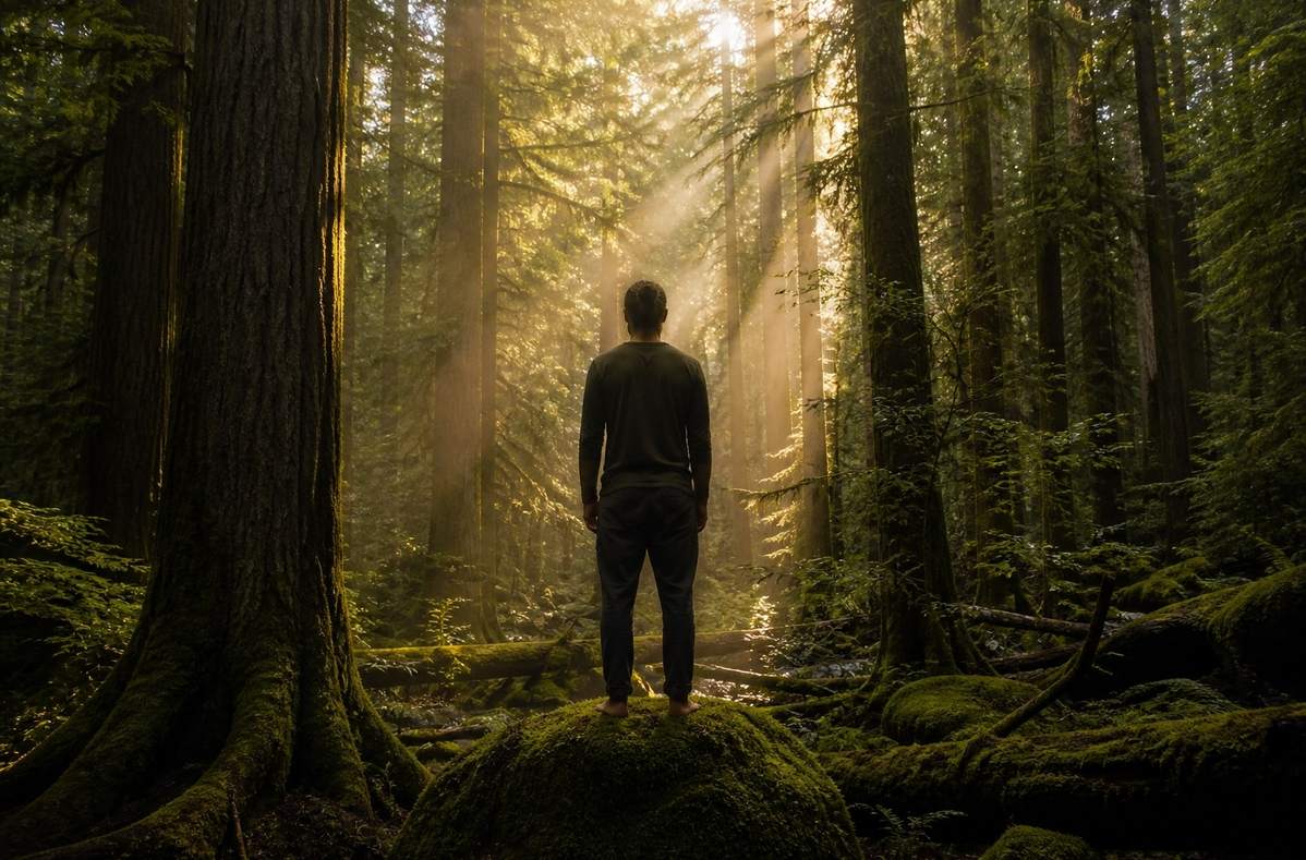 A solitary figure standing barefoot on moss in a dense old-growth forest with shafts of golden light filtering through the canopy