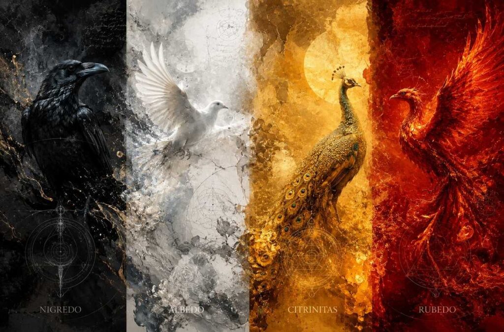 Abstract four-panel artwork showing the alchemical stages: black nigredo, white albedo, golden citrinitas, and crimson rubedo.