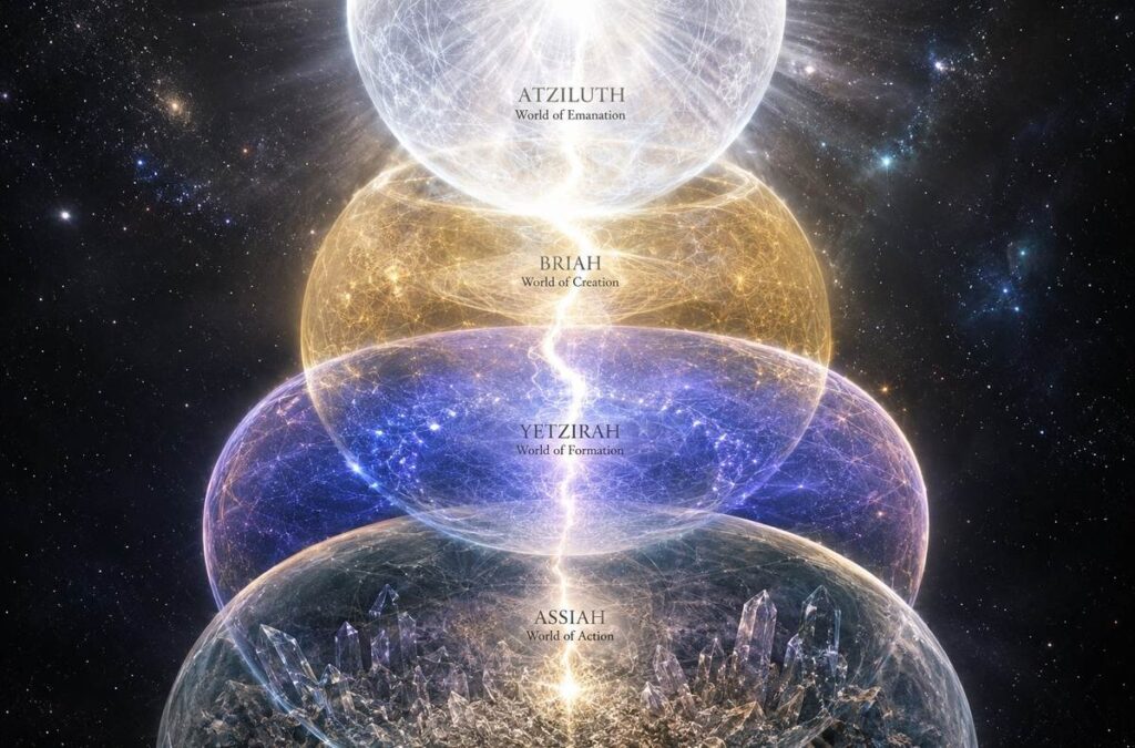 Kabbalistic Four Worlds as nested spheres of light from divine emanation to physical manifestation