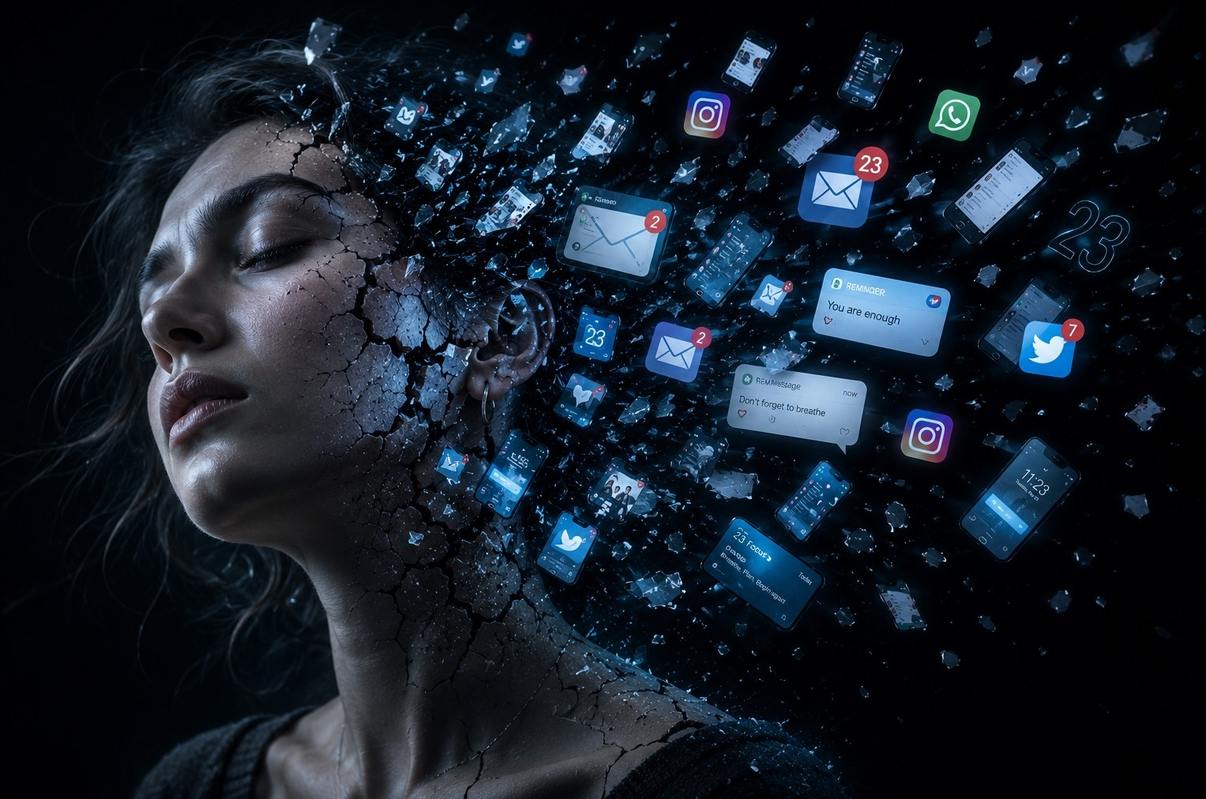 Human figure dissolving into multiple glowing smartphone screens and notification bubbles