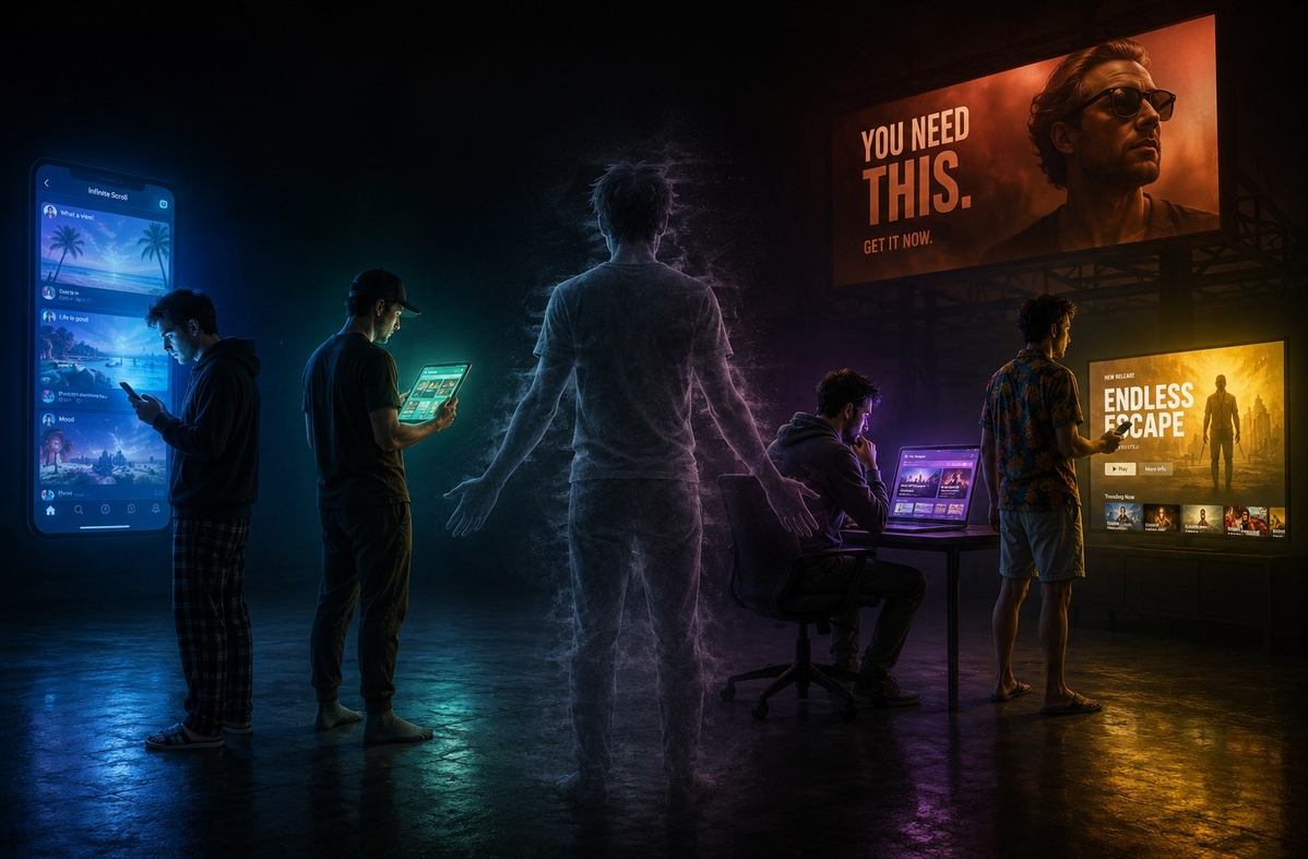 Human figure split into five different versions each facing a different glowing screen