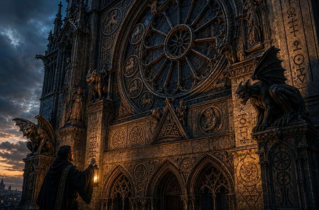 Gothic cathedral facade with alchemical symbols carved in stone, examined by a medieval figure with lantern