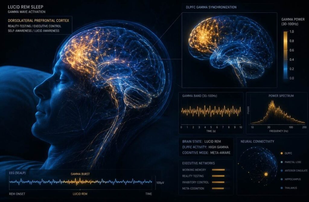Brain scan showing gamma wave activation in frontal cortex during lucid REM sleep