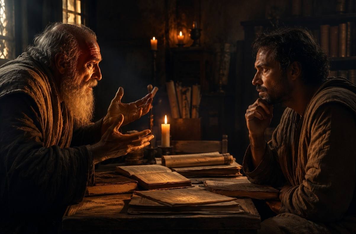 Two figures facing each other across a candlelit table in deep conversation