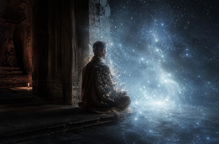 A solitary contemplative figure seated at the threshold between a softly lit meditation chamber and a vast star-filled cosmic void, representing the gateway of silence and the causal body