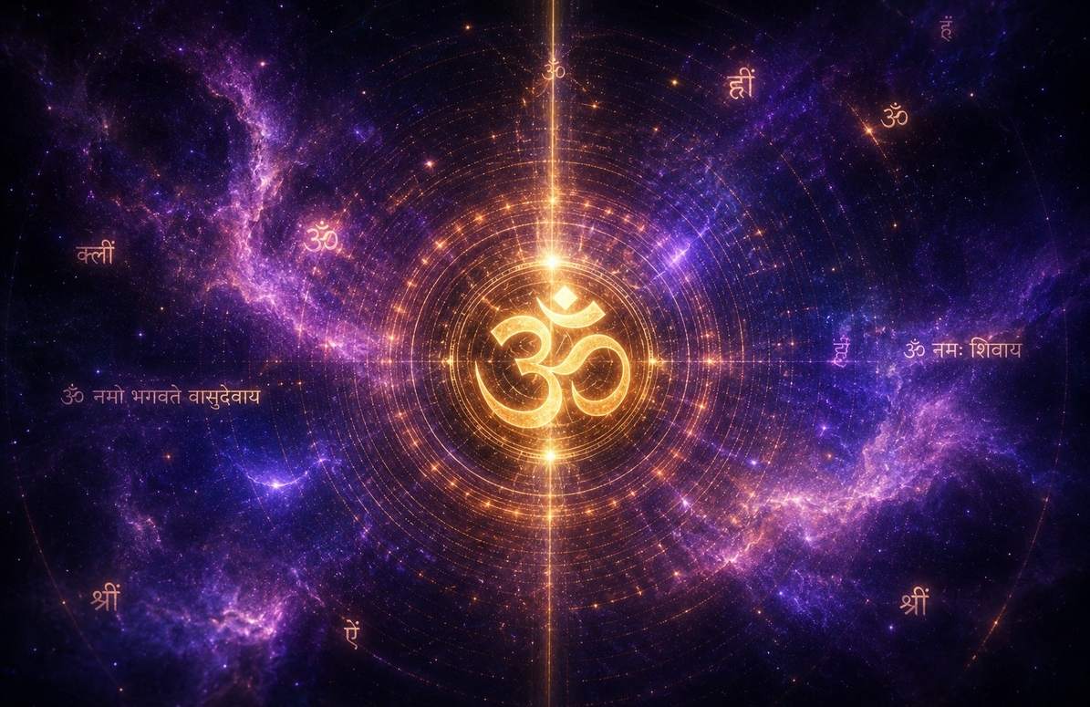 Cosmic nebula with golden Om symbol emanating sound waves into starfield