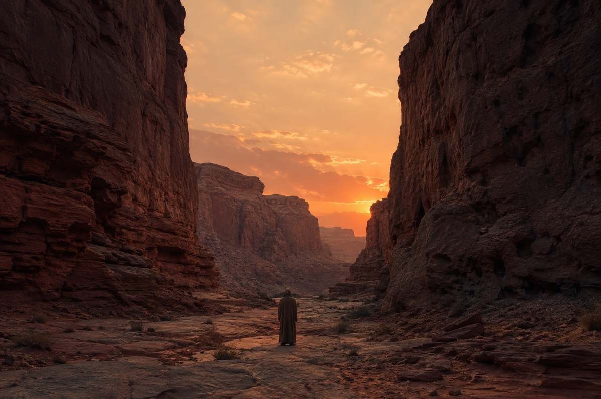 Solitary robed figure standing in vast desert canyon at twilight