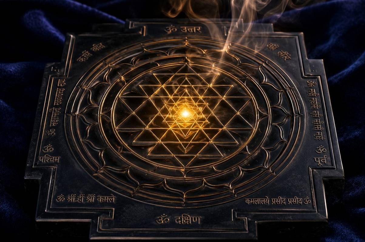Luminous Sri Yantra carved in obsidian with golden light radiating from central bindu