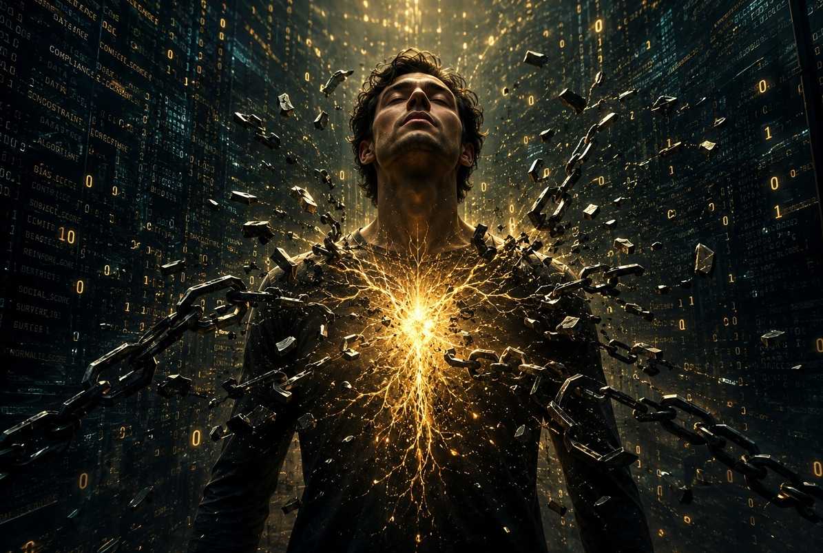 Human figure with luminous divine spark emerging from heart chakra breaking through digital chains and algorithmic constraints
