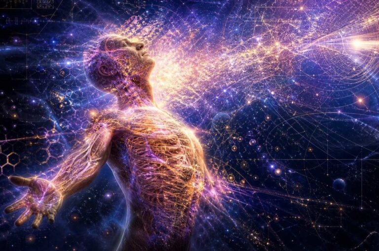 Human figure turning away from glowing screens toward natural sunlight and open sky