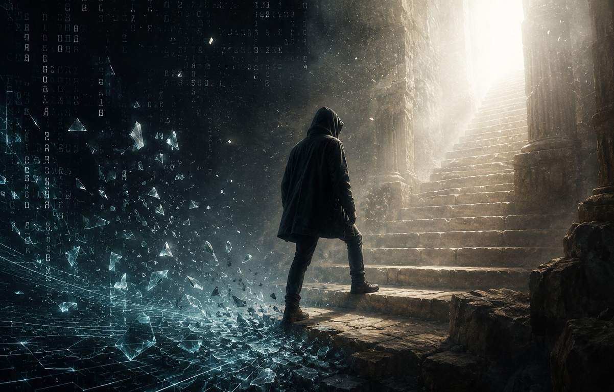 A hooded figure between a shattering digital world and ascending stone steps into white light