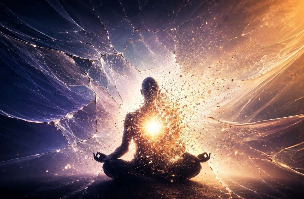 Meditator silhouette dissolving through a cracked veil into radiant light