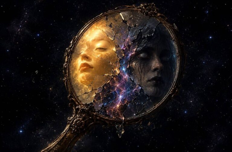 A shattered mirror reflecting two faces -- one radiant with divine light, one distorted and blind -- representing the Gnostic distinction between the Father and the Demiurge.