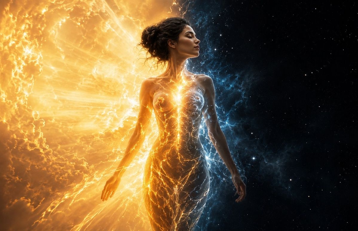 Human figure standing at the boundary between golden light pleroma and dark void kenoma, body as the living frontier