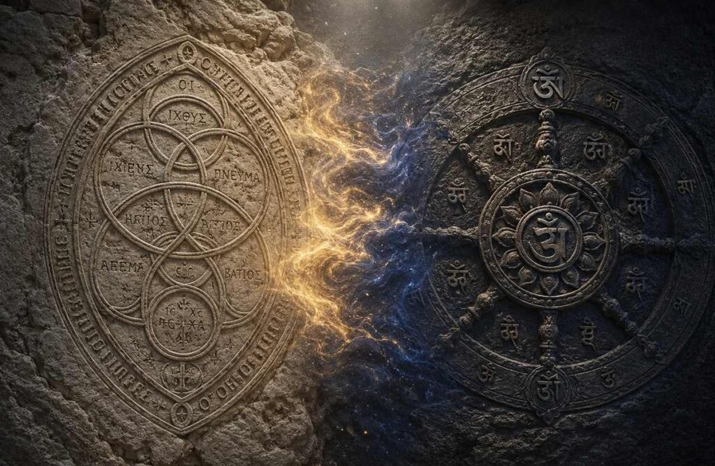 merging of Gnostic aeonic symbols and Buddhist dharma wheel carved in weathered stone with golden and indigo light