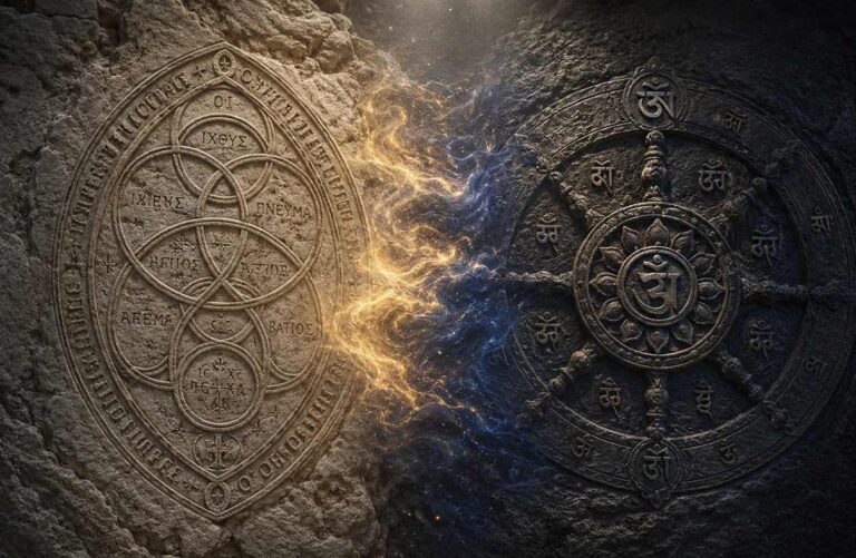 merging of Gnostic aeonic symbols and Buddhist dharma wheel carved in weathered stone with golden and indigo light