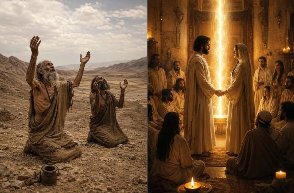 Split diptych of desert hermits in renunciation versus robed figures in candlelit sacramental chamber