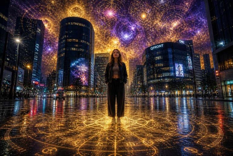 Solitary figure in contemporary clothing on rain-slicked city street at blue hour, sacred light mandala radiating from feet with Gnostic symbols, Pleroma sky above skyscrapers