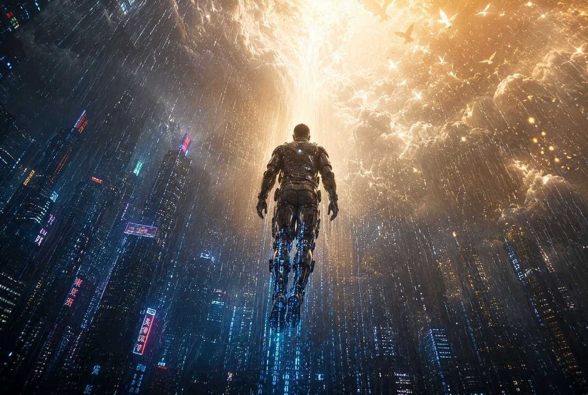 Cyberpunk figure ascending through digital rain toward luminous upper realm representing Gnostic transcendence