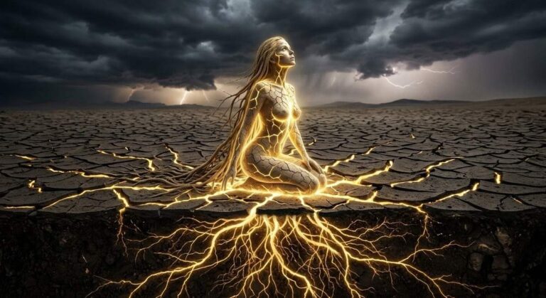 Luminous feminine figure merged with cracked parched earth, golden light seeping from fissures