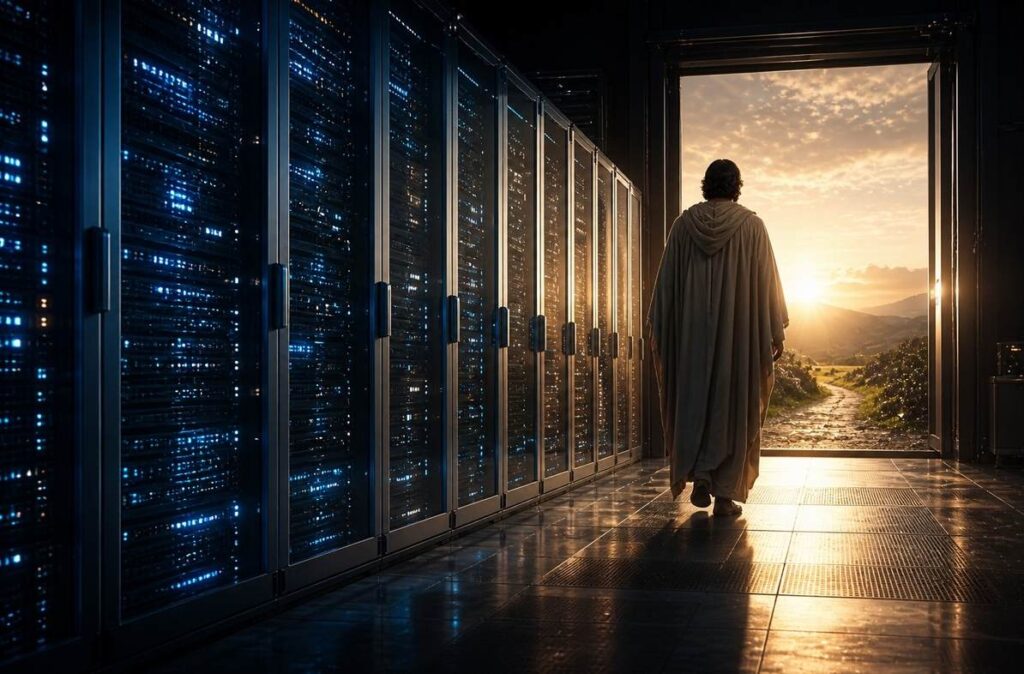 Contemplative figure walking away from glowing server racks into natural dawn light