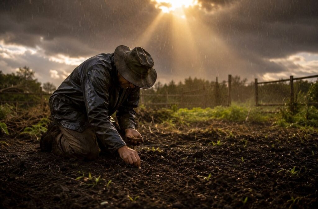 A person planting seeds in dark soil while rain falls and golden light breaks through clouds, representing grounded participation.