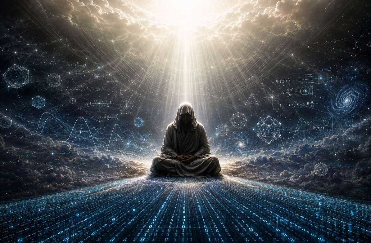 A solitary figure in meditation at the intersection of digital code grid, geometric Platonic solids, and pure white light above