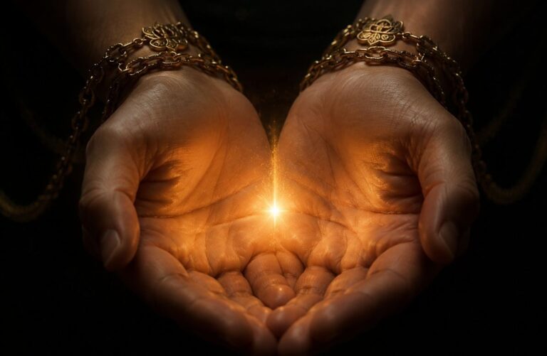 Cupped hands holding a divine spark with wrists bound by ornate golden chains