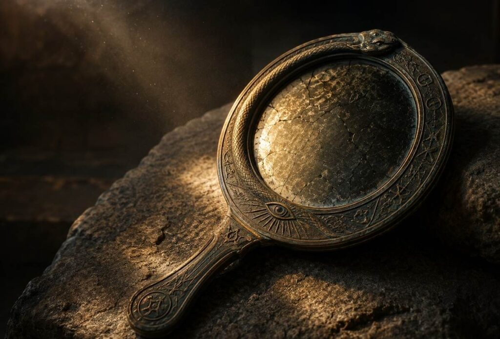 Ancient mirror reflecting both light and shadow with a cracked surface