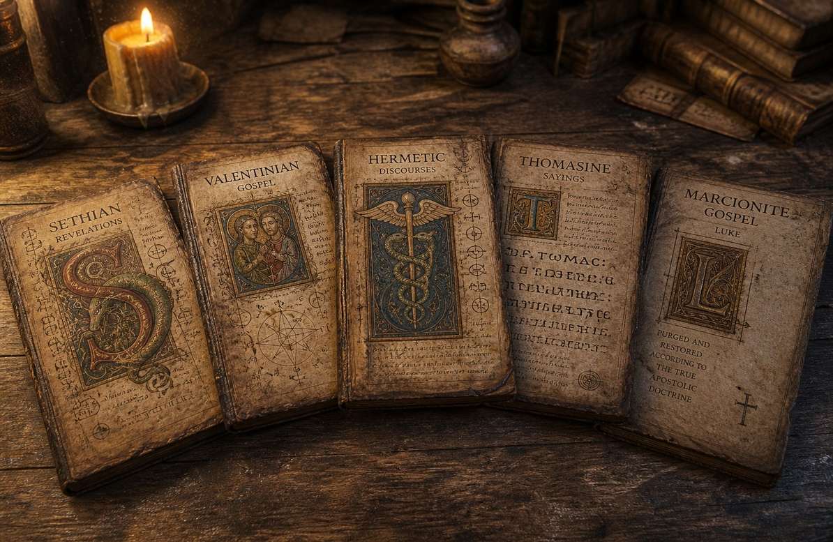 Five ancient manuscripts representing Sethian, Valentinian, Hermetic, Thomasine, and Marcionite traditions