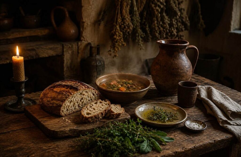A simple meal of bread and herbs on a wooden table with a single candle, representing mindful nourishment and embodiment.