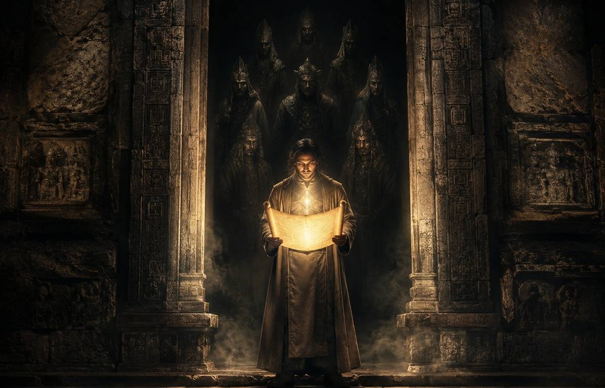 A solitary luminous figure before a stone gate holding a scroll, with seven shadowy guardians receding into darkness